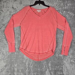 PJ Salvage Cozy Thermal Waffle V-Neck Long Sleeve Top In Pink Size Large EUC